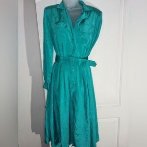 TAKE 50% OFF Vintage Chic Teal silky Button-Up Long Dress-(#1,144)